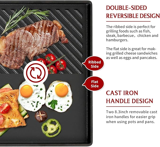 BIG HORN OUTDOORS Cast Iron Griddle Reversible Grill Plate with Handle for Oven, Stove, Grill