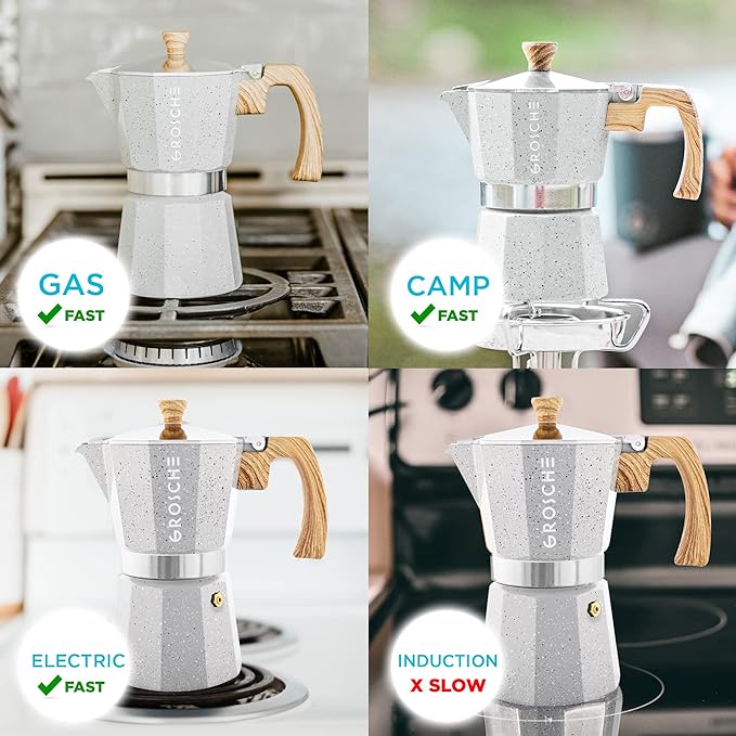 GROSCHE Milano Moka pot, Stovetop Espresso maker, Greca Coffee Maker, Stovetop coffee maker and espresso maker percolator (Grey, 6 cup)