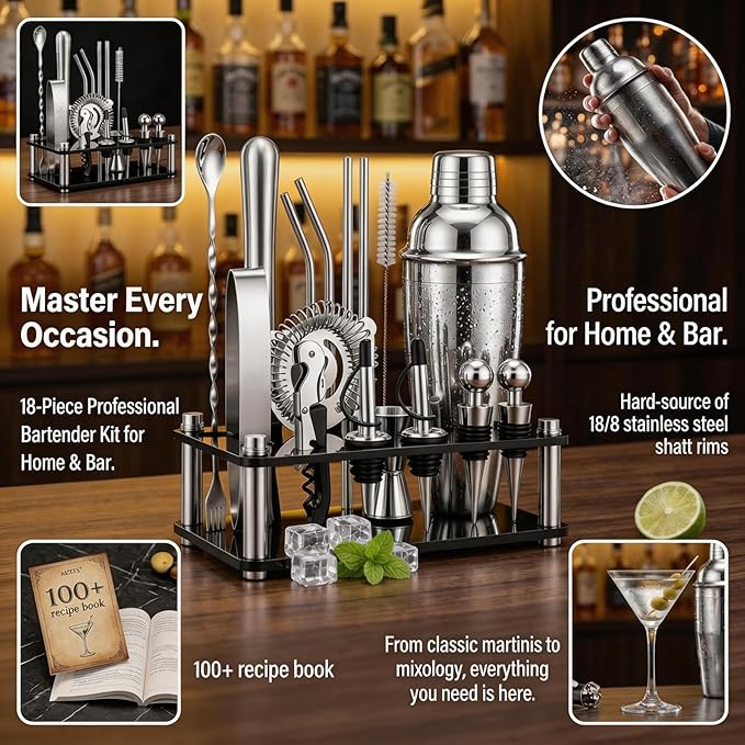 Cocktail Shaker Set, 18-Piece Bartender Kit with Acrylic Stand, 18/8 Stainless Steel Bar Set with Martini Shaker, Jigger, Muddler & Recipe Book for Home Bar