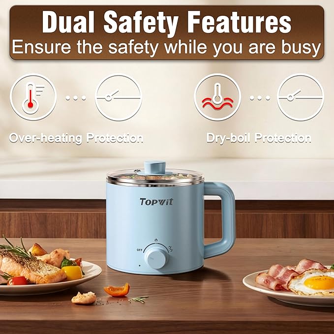 Topwit Hot Pot Electric with Steamer, 1.6L Ramen Cooker, Electric Pot for Pasta, Shabu-Shabu, Oatmeal, Soup and Egg, Portable Cooker with Dual Power Control, Dorm Room Essentials, Blue