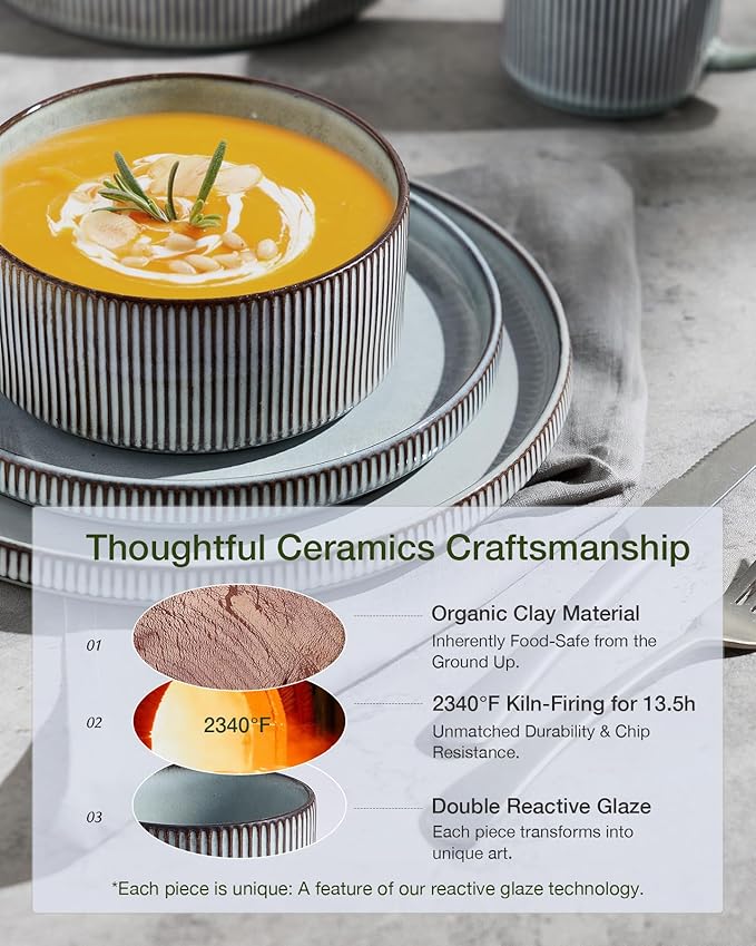 Famiware Star 24-Piece Stoneware Dinnerware Sets, Service for 6 - Reactive Glaze Mugs, Plates and Bowls, Dishes for Everyday & Formal Use, Chip/Scratch Resistant, Microwave/Dishwasher Safe, Smoky Blue