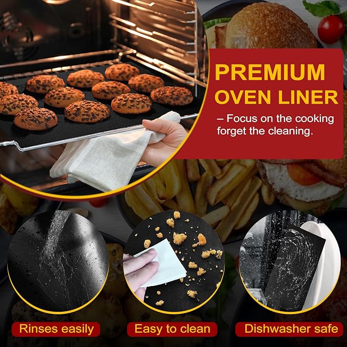 2 Pack Oven Liners for Bottom of Oven, 17"x25" Heavy Duty Non-Stick Oven Liner Mat, Reusable Heat Resistant Grill & Baking Mat, BPA/PFOA Free Roaster Liners, Fits Electric, Gas, Toaster Ovens (Black)