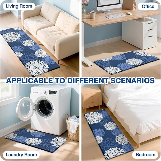 Kitchen Mats, 2PCS Non-Slip Cushioned Rugs, Anti-Fatigue Waterproof Floor Rug, Washable Standing Desk Mat, Home Laundry Office Apartment Decor and Accessories (17.3" ×59" +17.3" ×30"-Blue)