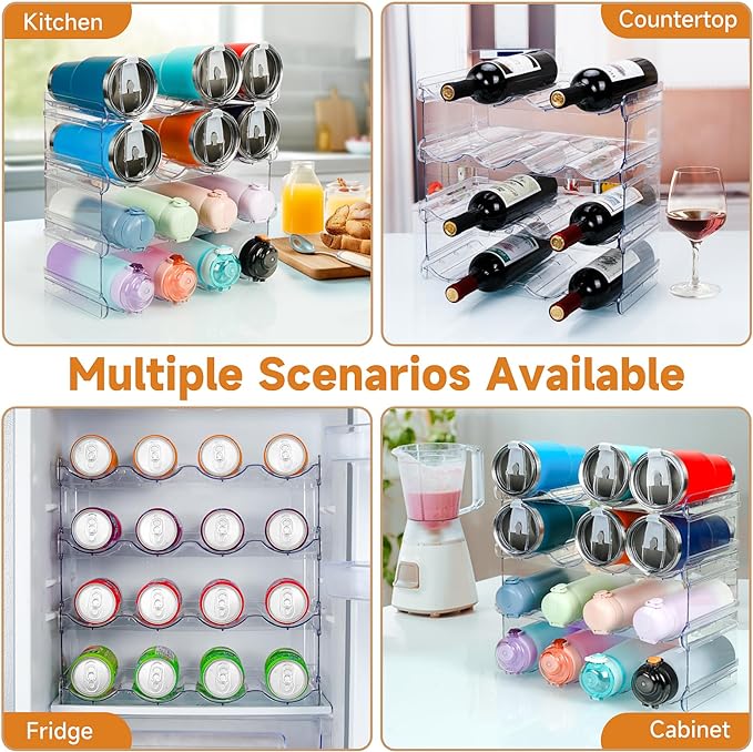 Stackable Water Bottle Organizer, Large Compartment Water Bottle Holder, 4 Tier Clear Water Bottle Organizer for Cabinet, Bottle Rack for Kitchen Organization and Storage - Hold 16 Bottles