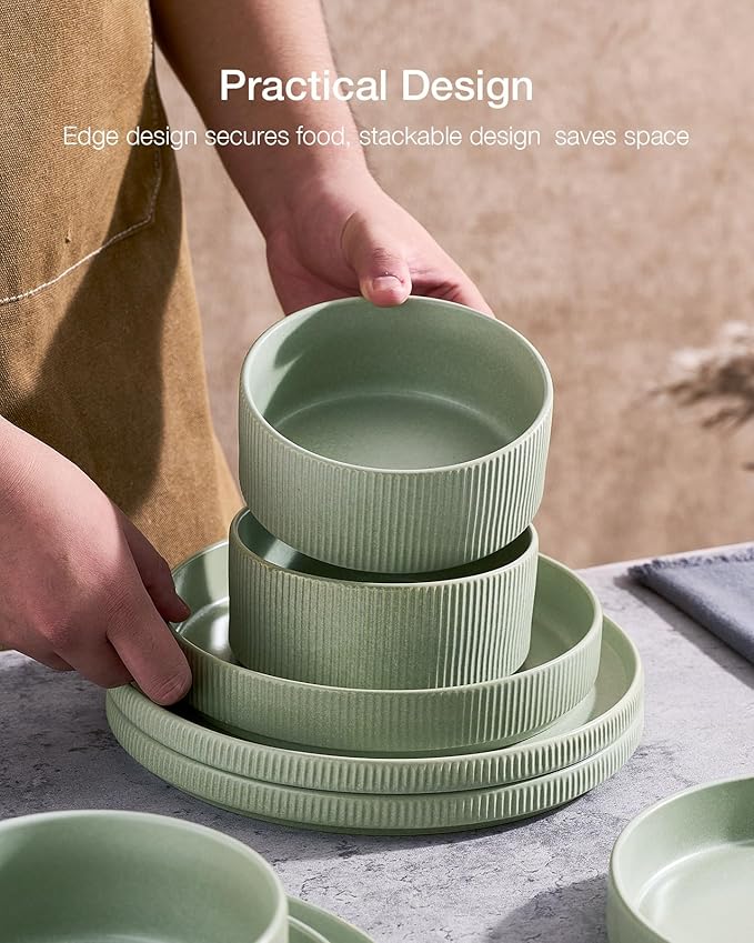 Famiware Star 18-Piece Reactive Glaze Plates and Bowls Sets, Service for 6 - Stoneware Dinnerware Set, Modern Rustic Ribbed Dishes, Chip/Scratch Resistant, Microwave/Dishwasher Safe, Matte Sage Green