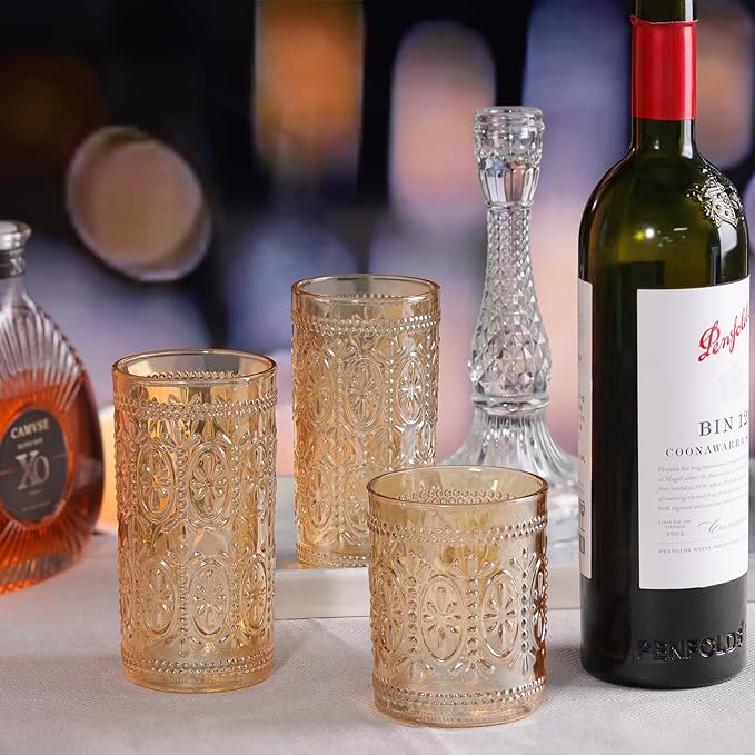 Amber Glassware Set of 4, Vintage Drinking Glasses, Colored Glassware Drinking, Highball Embossed Beverage Glasses Cup for Water, Juice, Cocktail, Coffee (2pcs12oz+2pcs10oz）