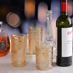 Amber Glassware Set of 4, Vintage Drinking Glasses, Colored Glassware Drinking, Highball Embossed Beverage Glasses Cup for Water, Juice, Cocktail, Coffee (2pcs12oz+2pcs10oz）