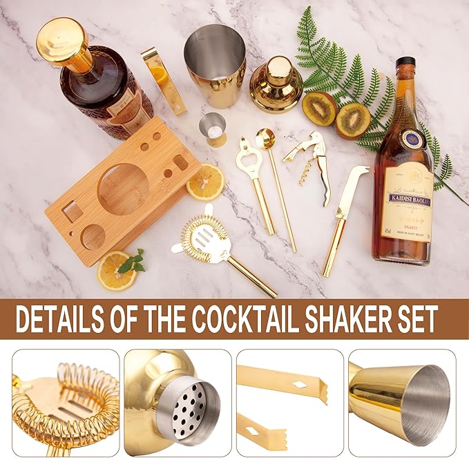 JNWINOG 9Pcs-Cocktail Shaker Set Bartending Kit Cocktail Bar Set Cocktail Mix Drink Making Kit Professional Bar and Home Drink Bar Tools for Bartender (Gold, 9Pcs)
