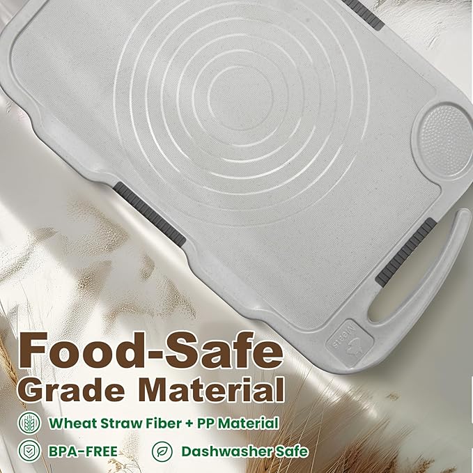 Glotoch Cutting Boards for Kitchen Set of 3, Wheat Straw Chopping Board Dishwasher Safe, BPA Free, Non Slip, 16"X10" Colored Reversible Cutting Board with Stand, Food Icons, Grinder Plate
