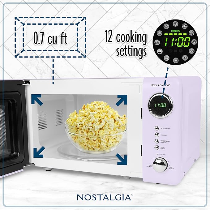 Nostalgia Retro Compact Countertop Microwave Oven - 0.7 Cu. Ft. - 700-Watts with LED Digital Display - Child Lock - Easy Clean Interior - Lavender
