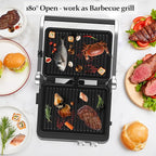 Panini Press,4 Slices Contact Grill with Removable Non-Stick Coated Grill and Flat Plates,Panini Makers with Temperature Control and Timer,Open 180 Degrees,Grill and Griddle (Silver wtih Full SUS)