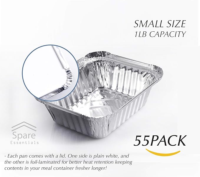 55 Pack - Small Foil Pans with Lids - To Go Food Containers with Lids 1lb Mini Aluminum Pans Freezer Safe Foil Take out Trays Heat proof Aluminum Meal Prep Containers 5.5x4.5x1.9 in
