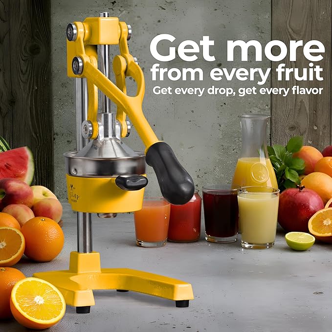 Zulay Kitchen Cast Iron Juicer - Easy-to-Clean Heavy-Duty Manual Juicer, Professional Citrus Juicer - Stainless Steel Lemon Squeezer - Manual Citrus Press & Orange Squeezer - Orange Juicer (Yellow)