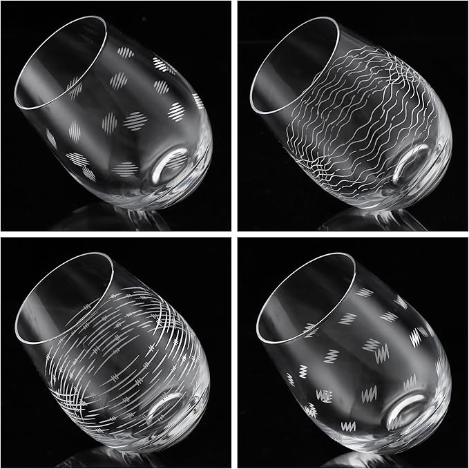Joeyan Etched Stemless Wine Glasses,Hand Blown Drinking Glass Cups Wine Tumbler with Line Patterns,Carved Large Cocktail Whiskey Glasses,Gift for Party Wedding,4 Pack,17.5 oz,Dishwasher Safe