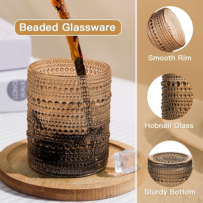 JOVGANK Brown Vintage Hobnail Drinking Glasses Set of 6, Embossed Water Tumbler 12oz, Kitchen & Bar Beaded Glass Cups, Beverage Glass Cups for Water, Beer, Juice, Housewarming and Mother's Day Gift