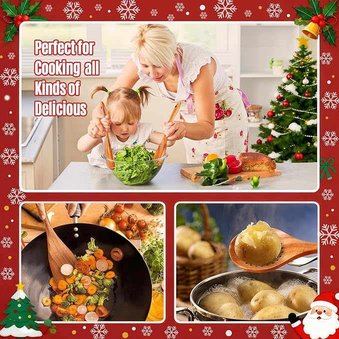 Mooues Wooden Spoons for Cooking, Wooden Utensils for Cooking Natural Teak Wooden Kitchen Utensils Set Comfort Grip(9 PCS Xmas Gift)