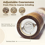 Wooden Salt and Pepper Grinder Set, Manual Premium Acrylic Salt and pepper Mills with Adjustable Ceramic Core and Wooden Stand, 8-Inch Refillable Giftable Shakers (2 Pieces with Tray)