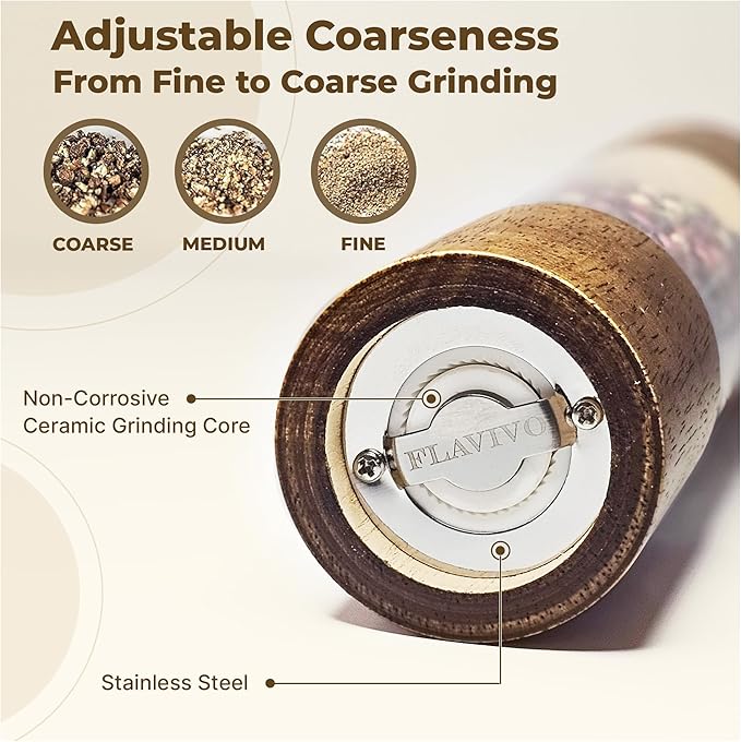 Wooden Salt and Pepper Grinder Set, Manual Premium Acrylic Salt and pepper Mills with Adjustable Ceramic Core and Wooden Stand, 8-Inch Refillable Giftable Shakers (2 Pieces with Tray)