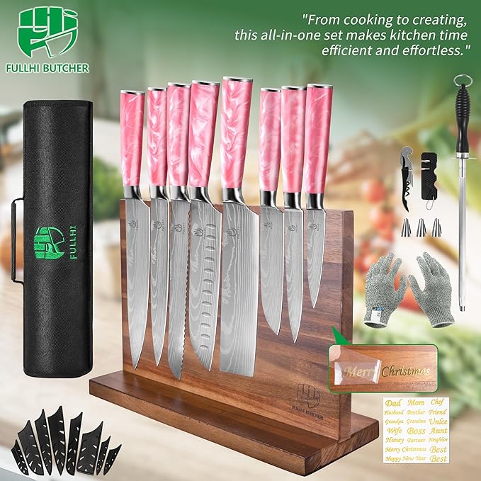 FULLHI 15pcs Japanese Knife Set with Magnetic Knife Block Holder, Stainless Steel Blades, Pink Resin Ergonomic Handles for Professional and Home Cooking