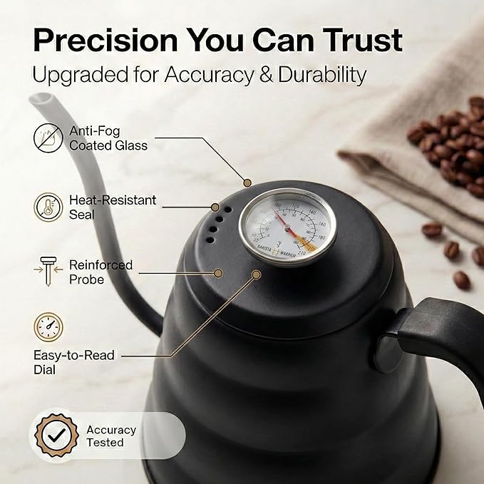 Barista Warrior Gooseneck Kettle with Thermometer - 1.2L Pour Over Coffee & Tea Kettle, 18/8 Matte Black Gooseneck Kettle Pot, Precision Pour Drip Spout, Suitable for All-Stoves (40 fl oz)