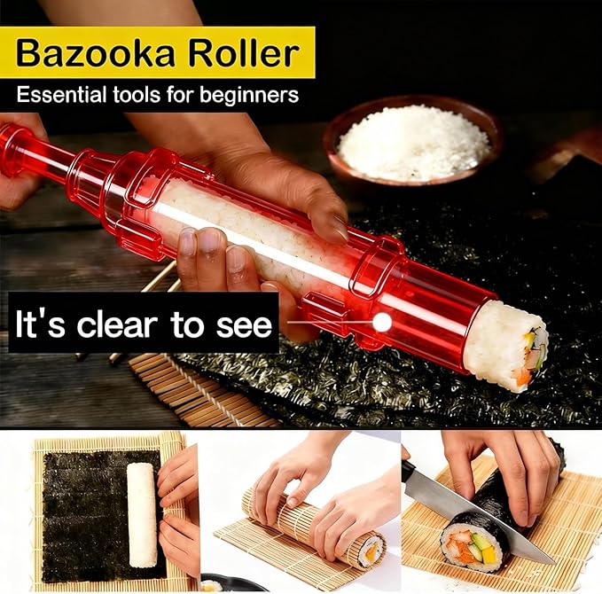 Sushi Making Kit – Clear Sushi Bazooka Roller & Bamboo Sushi Rolling Mat, Easy DIY Sushi Maker Tool Set for Beginners, Homemade Sushi Rolls for Kitchen & Party (Clear Red)