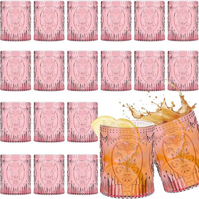 Qinyoung 24 Plastic Vintage Drinking Glasses 8.5oz Stemless Retro Embossed Wine Glasses Shatterproof Reusable Cups for Baby Shower Wedding Reception Grand Event Party (Pink)