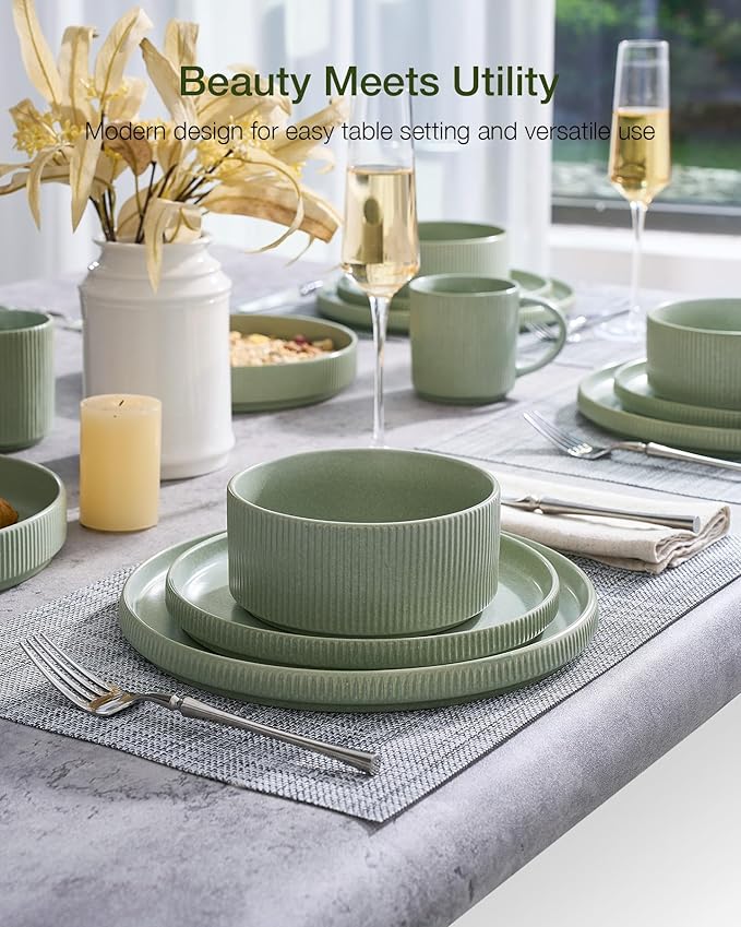 Famiware Star 18-Piece Reactive Glaze Plates and Bowls Sets, Service for 6 - Stoneware Dinnerware Set, Modern Rustic Ribbed Dishes, Chip/Scratch Resistant, Microwave/Dishwasher Safe, Matte Sage Green