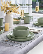 Famiware Star 18-Piece Reactive Glaze Plates and Bowls Sets, Service for 6 - Stoneware Dinnerware Set, Modern Rustic Ribbed Dishes, Chip/Scratch Resistant, Microwave/Dishwasher Safe, Matte Sage Green