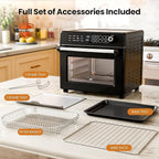 Kismile 25QT Air Fryer Toaster Oven Combo, 12-in-1 Large Countertop Convection Airfryer Oven, 70–450℉, Bake, Roast, Reheat, Broil, Fits 12″ Pizza, Includes Full Accessories, Stainless Steel(Black)