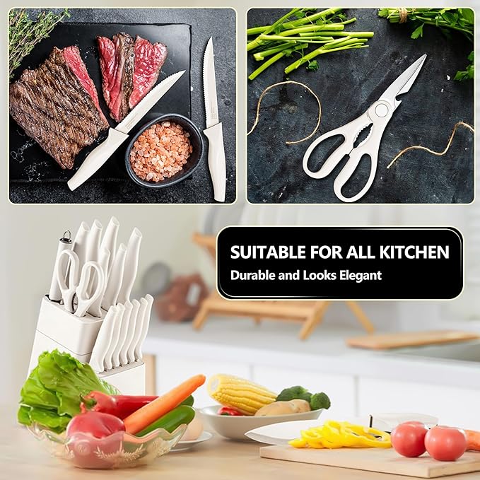 E-far Knife Set with Block, 15 Pieces Kitchen Knife Block Set with Sharpener, High Carbon Stainless Steel Sharp Chef Knife Set with Ergonomic Handles, Anti Rust, White