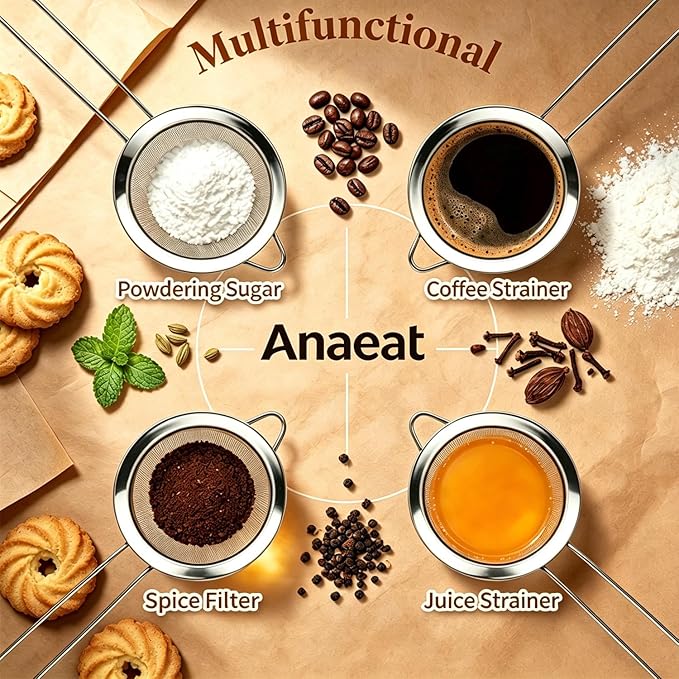 Anaeat Fine Mesh Strainers - Premium Stainless Steel Colander Sieve Sifters, with Durable Mesh and Sturdy Handle, Excellent for Sifting Dry ingredients, Flour, Pastas, Rice, Tea (9.45"）