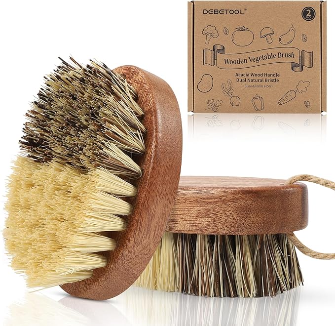 2 Pack Wooden Vegetable Brush for Food - Dual Bristle Potato Brush Scrubber with Hanging Rope | Natural Compostable Kitchen Vegetable Scrubber for Potatoes, Carrots, Fruits