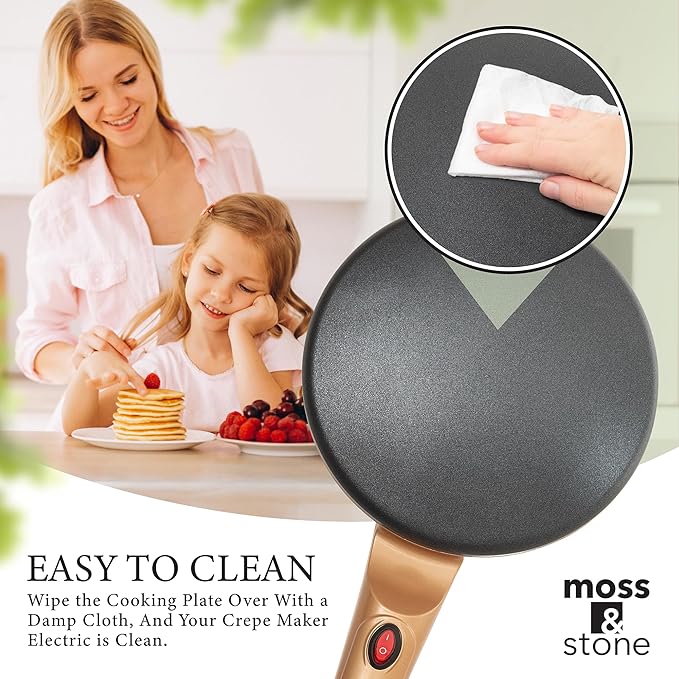 Moss & Stone Gold Electric Crepe Maker 8 Inch, Portable Crepe Maker & Hot Plate Cooktop On/Off Switch, Nonstick Coating, Automatic Temperature Control, Easy To Use For Pancakes, Blintz
