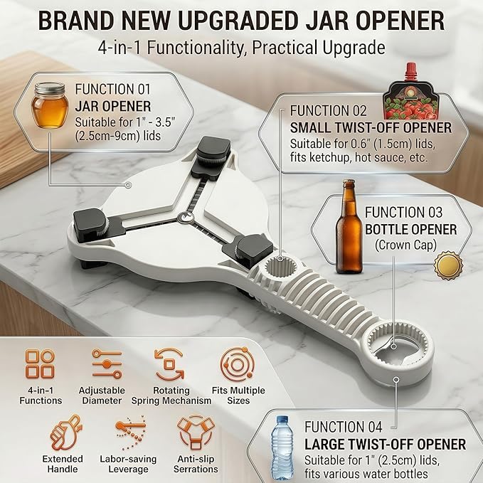 4-in-1 Adjustable Jar Opener for Weak Hands & Seniors — Ergonomic Non-Slip Handle, Multi-Size Lid Remover for Mason Jars, Bottles & Cans (Beige)