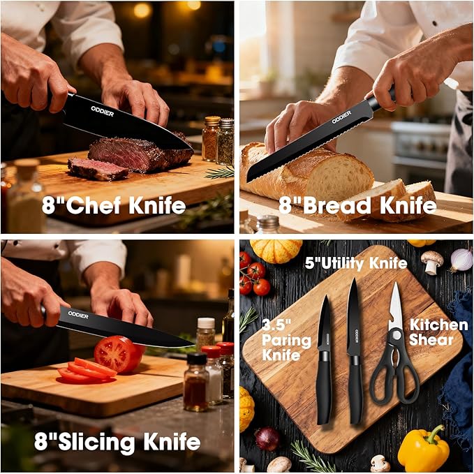 Kitchen Knife Ket with block, Knife Block Set, Anti-Rust High Carbon German Stainless Steel Knife Set, 7 Piece Chef Knife Set, New Home Apartment Essentials, Dishwasher Safe, Black