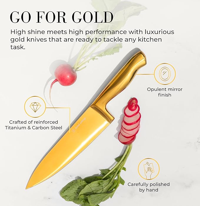 Styled Settings Gold Knife Set with Block & Built-In Sharpener – 14-Piece Full Tang Kitchen Knives Set – Gold Knives Set with Self-Sharpening Block, Titanium Knife Set with Black Block