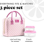 Fit & Fresh Bloomington Lunch Bag for Women - Insulated Large Lunch Box for Work with Containers, Leak-Resistant, Stain-Resistant, Zipper Closure, Tiny Pink Hearts