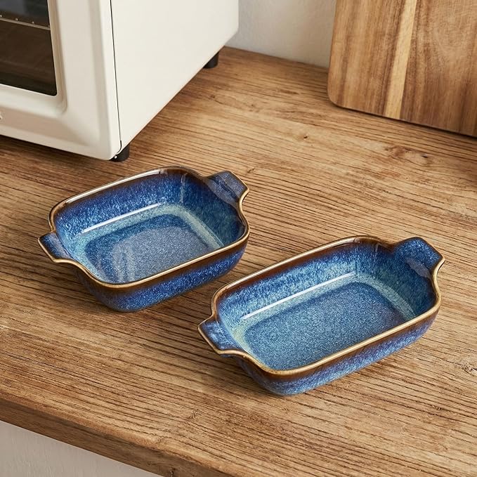 Ceramics Au Gratin baking Dishes Set of 2, Baking Tray Bake ware, 12.3 oz Ramekins, for Pie Pan, Appetizer, Tart, Dessert, Quiche, Oven Small dish, individual dishes, Rectangular 9 Inch