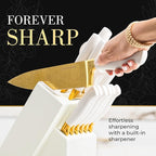 STYLED SETTINGS Knife Set with Built-in Sharpener – 14 PC Golden Titanium-Coated Stainless Steel Blades with Elegant Floral Pattern, Ultra-Sharp, Durable Kitchen Knife Block Set