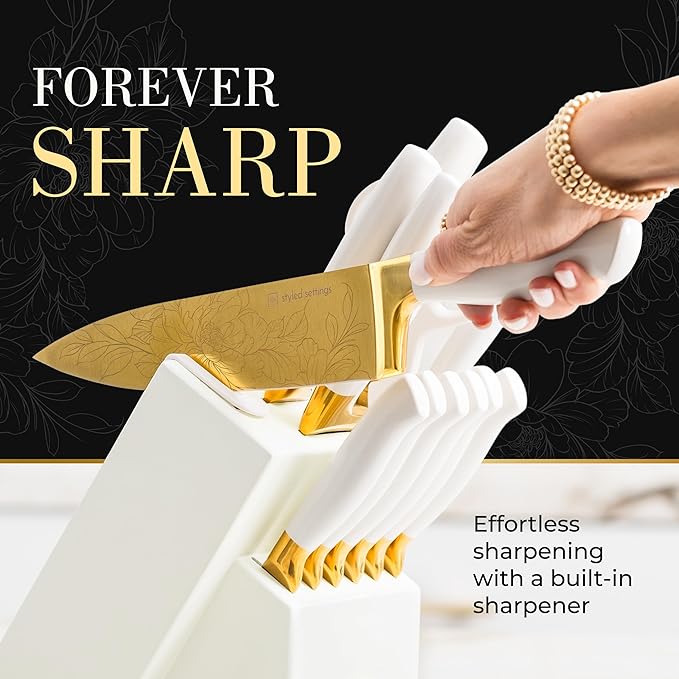 STYLED SETTINGS Knife Set with Built-in Sharpener – 14 PC Golden Titanium-Coated Stainless Steel Blades with Elegant Floral Pattern, Ultra-Sharp, Durable Kitchen Knife Block Set