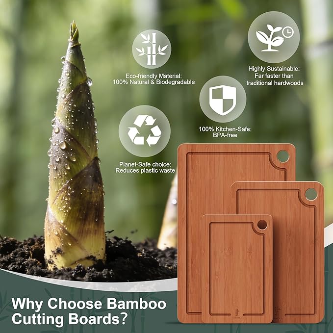 Bamboo Cutting Boards for Kitchen, 3-Piece Set with Juice Grooves, Side Handles & Non-Slip Mats – Durable Bamboo Chopping Board for Meat, Vegetables and Fruits Ideal Kitchen Gifts