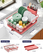 Kitsure Dish Drying Rack for Kitchen Counter, Stainless Steel Sink Organization and Storage Essentials with Cutlery Holder, Home and Appartment Decor, 12''W x 15.5''L, Red
