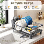 SNTD Dish Drying Rack - Small Dish Rack for Kitchen Counter, Stainless Steel Dish Drainer with Utensil Holder and Drainboard, 11" W x 15" L (Grey)