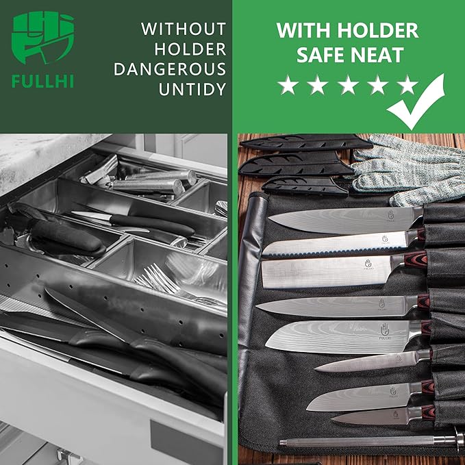 FULLHI 15pcs Japanese Knife Set with Magnetic Knife Block Holder, Japan Stainless Steel Blades, Ergonomic Handles for Professional and Home Cooking（Coffee wood, Magnetic Block Knife Set)