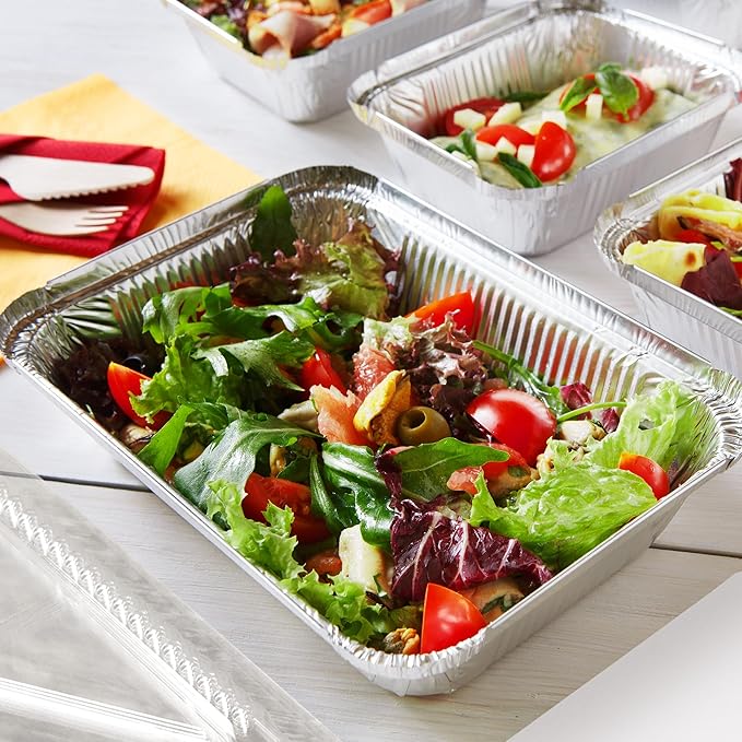 Aluminum Pans With Plastic Dome Lids - 50 Count - 2.25LB (8.5"x6") Oblong Pans - To Go Containers With Lids - Disposable Tin Foil Pans - Perfect For Catering, Meal Prep, Baking, Freezer Safe