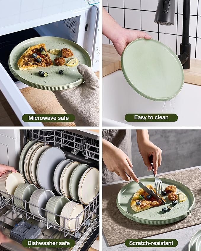 Famiware Star 18-Piece Reactive Glaze Plates and Bowls Sets, Service for 6 - Stoneware Dinnerware Set, Modern Rustic Ribbed Dishes, Chip/Scratch Resistant, Microwave/Dishwasher Safe, Matte Sage Green