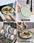 Famiware Star 18-Piece Reactive Glaze Plates and Bowls Sets, Service for 6 - Stoneware Dinnerware Set, Modern Rustic Ribbed Dishes, Chip/Scratch Resistant, Microwave/Dishwasher Safe, Matte Sage Green