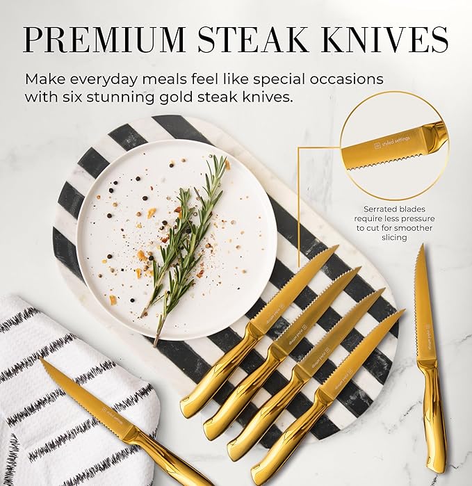 STYLED SETTINGS White and Gold Knife Set with Block – 14-PC Full Tang Titanium-Coated Stainless Steel Gold Knives and White Knife Block with Built-In Sharpener – Luxury Kitchen Accessories