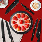 12-Piece Kitchen Knife Set, Stainless Steel Knives with Non-Stick Coating, Dishwasher Safe, Black Knife Set with Rose Gold Rivets 6 Blade Guards, Perfect for Home Chefs Cooking Enthusiasts