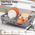Urackify Stainless Steel Dish Drying Rack - Dish Drainer for Kitchen Counter, Extendable Drainboard with Foldable, Space-Saving Cup & Bowl Organizer, Includes Knife and Utensil Holder, Gray